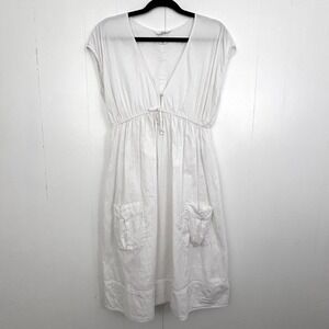 H&M L.O.G.G. White 100% Cotton‎ V-Neck Empire Waist Midi Dress Womens Size 10